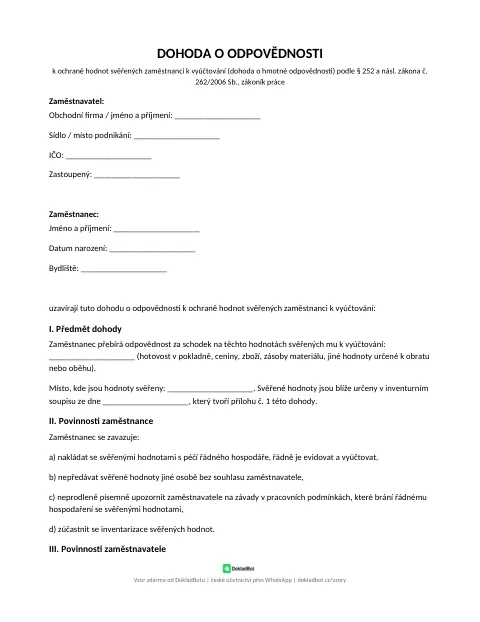 Náhled: Dohoda o hmotné odpovědnosti v PDF