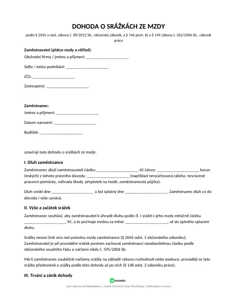 Náhled: Dohoda o srážkách ze mzdy v PDF