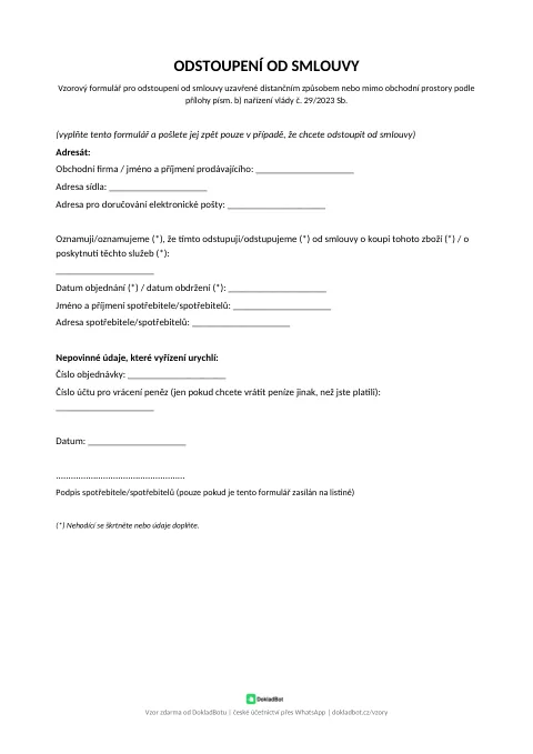 Náhled: Formulář pro odstoupení od smlouvy v PDF