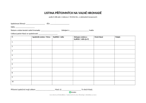 Náhled: Listina přítomných na valné hromadě v PDF