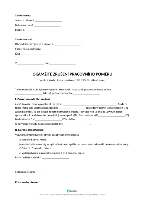 Náhled: Okamžité zrušení zaměstnancem v PDF