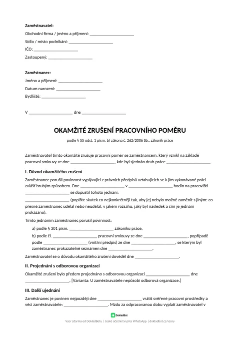 Náhled: Okamžité zrušení zaměstnavatelem v PDF