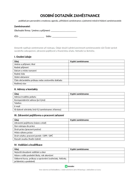 Náhled: Osobní dotazník v PDF
