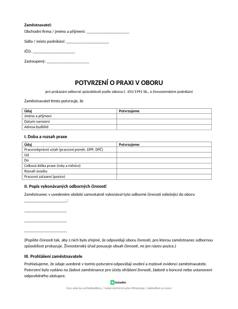 Náhled: Potvrzení o praxi v oboru v PDF