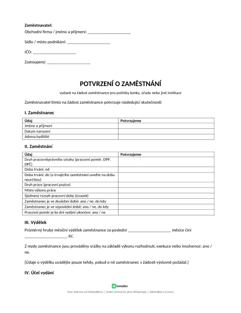 Náhled: Potvrzení o zaměstnání v PDF
