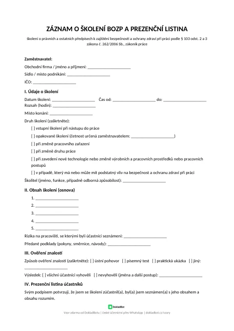 Náhled: Záznam o školení BOZP v PDF