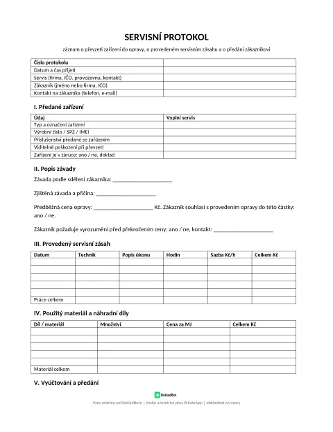 Náhled: Servisní protokol v PDF