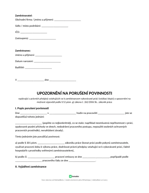 Náhled: Vytýkací dopis v PDF