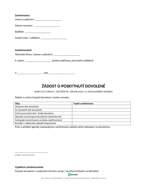 Náhled: Žádost o dovolenou v PDF