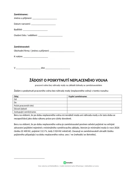 Náhled: Žádost o neplacené volno v PDF