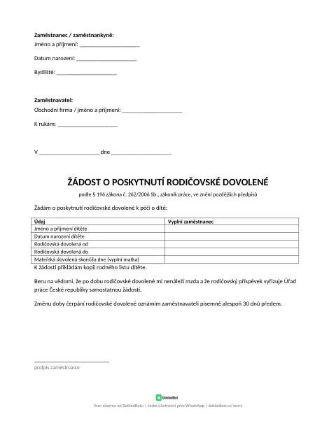 Náhled: Žádost o rodičovskou dovolenou v PDF