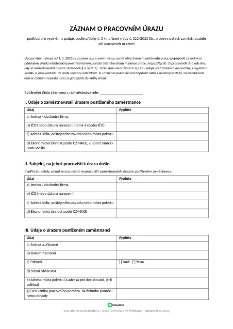 Náhled: Záznam o pracovním úrazu v PDF