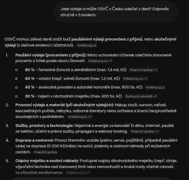 Reálná odpověď bezplatné aplikace Gemini na český dotaz, jaké výdaje si může OSVČ odečíst z daní
