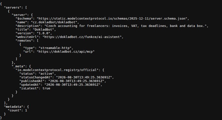 Odpověď API oficiálního MCP Registry na dotaz dokladbot: jeden záznam cz.dokladbot/dokladbot, verze 1.0.0, status active, publikováno 30. 8. 2026 ve 13:49 UTC