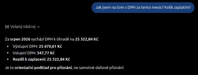 ChatGPT vrací souhrn DPH za srpen 2026 z DokladBotu: výstupní DPH, vstupní DPH a rozdíl k zaplacení jako orientační podklad pro přiznání