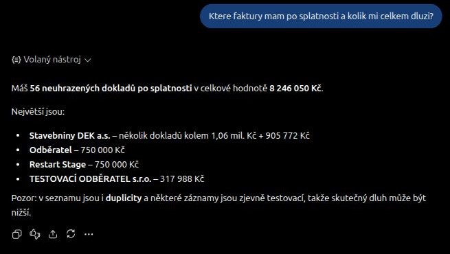ChatGPT vypisuje faktury po splatnosti z DokladBotu: 56 neuhrazených dokladů v celkové hodnotě 8 246 050 Kč