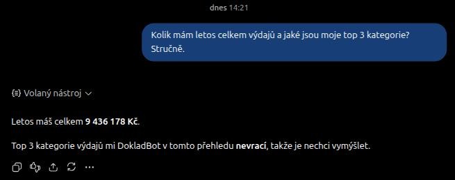 ChatGPT vyčísluje letošní výdaje testovacího účtu z DokladBotu na 9 436 178 Kč