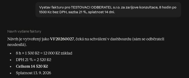 Claude připravil návrh vydané faktury VF20260027 na 14 520 Kč včetně DPH, návrh čeká na schválení v dashboardu DokladBotu