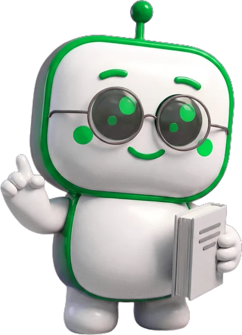 Robot DokladBot v brýlích s knihou zvedá prst a radí